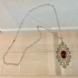 Red Stone Gold Tone Regal Long Large Ornate Pendant Necklace​